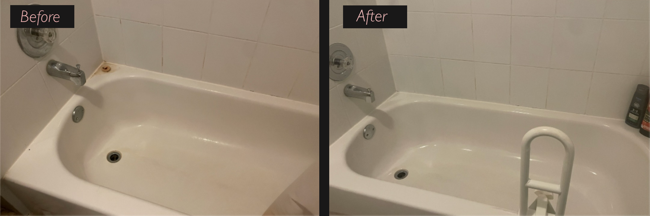 Before and after bathtub cleaning, showing soap scum before and a clean, shiny bathtub afterward.