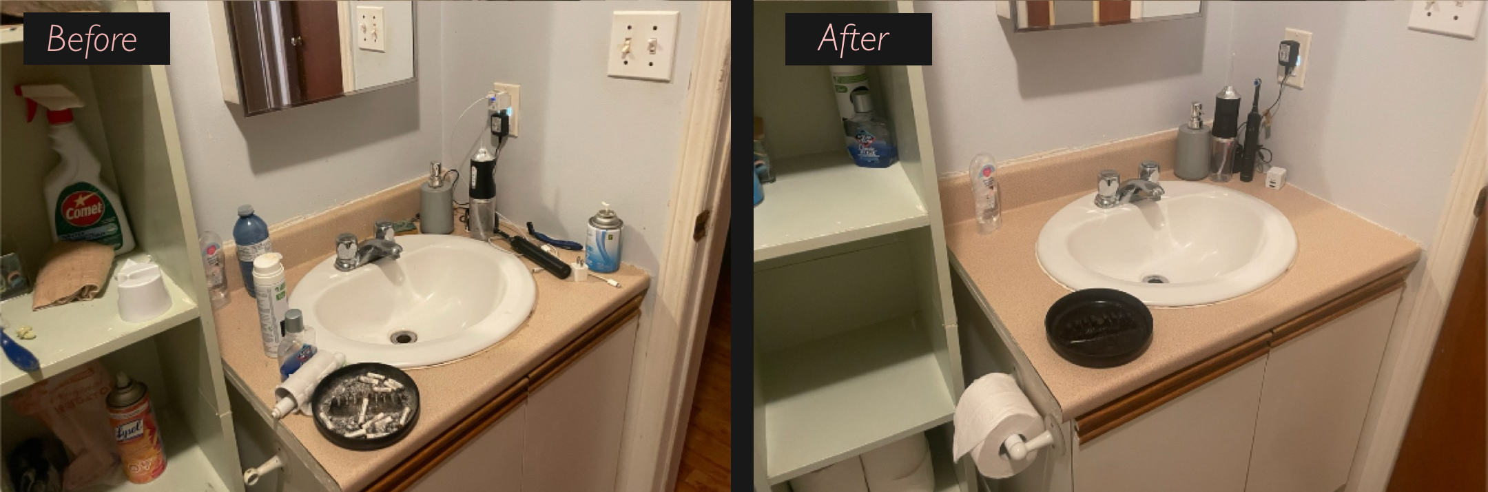 Before and after bathroom tidying, showing a cluttered space transformed into a neat and organized bathroom.