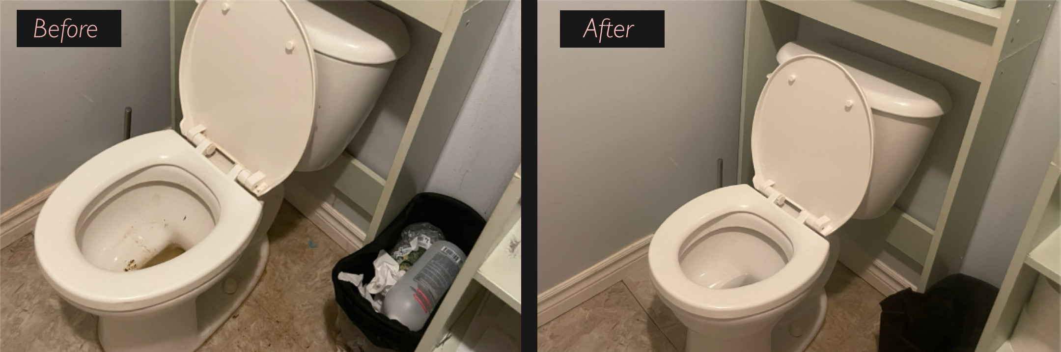 Before and after bathroom cleaning, showing a dirty toilet and surrounding area transformed into a clean, shiny space with washed walls and removed garbage.
